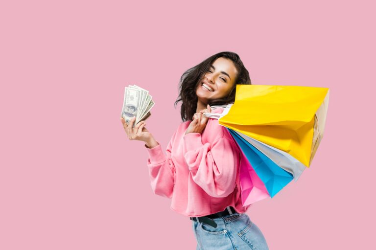 Shopping and sales concept. Joyful caucasian brunette young woman, in stylish casual clothes